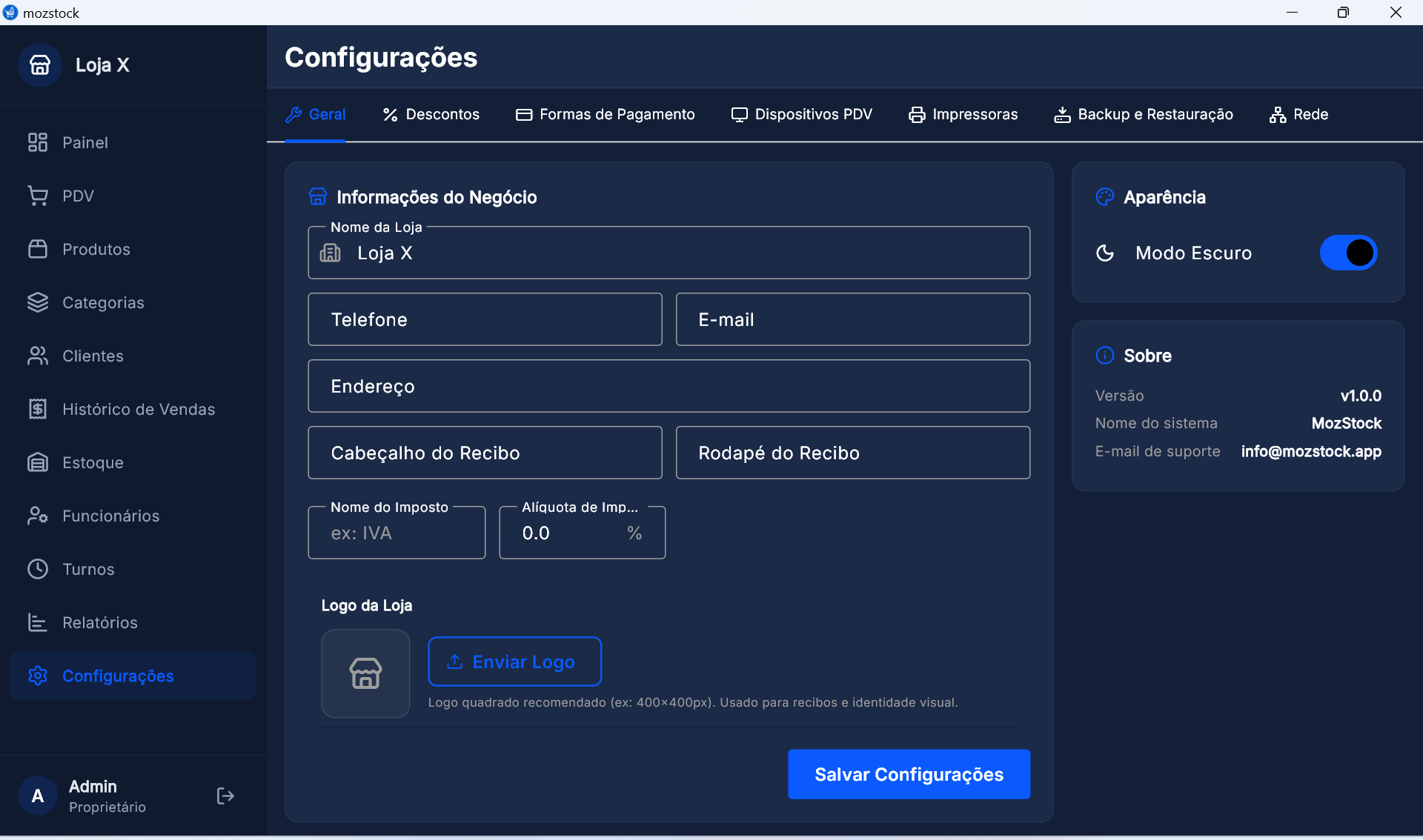 MozStock — Configurações do Sistema